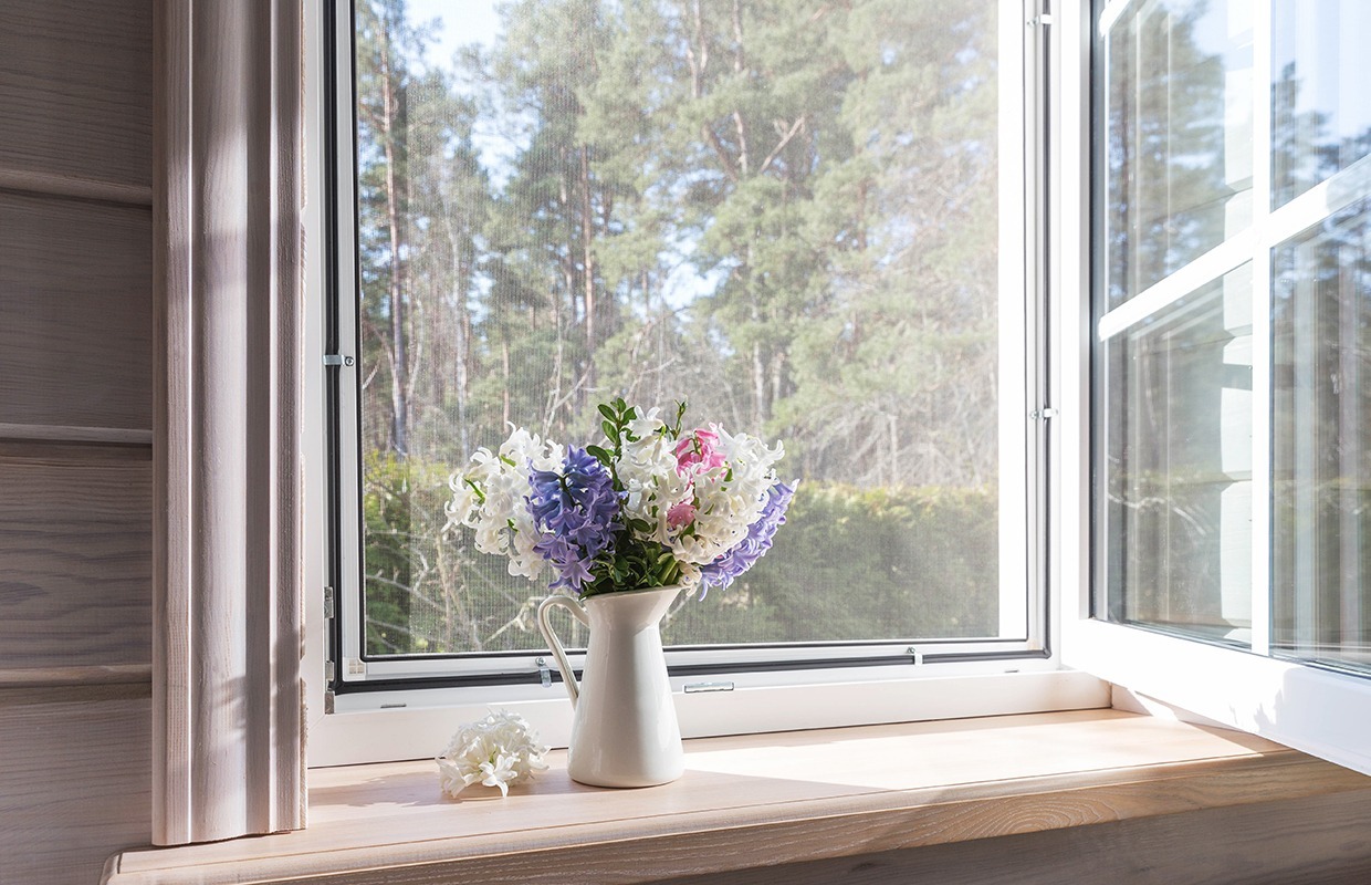 Geöffnetes weißes Fenster mit Insektenschutz und Wald im Hintergrund